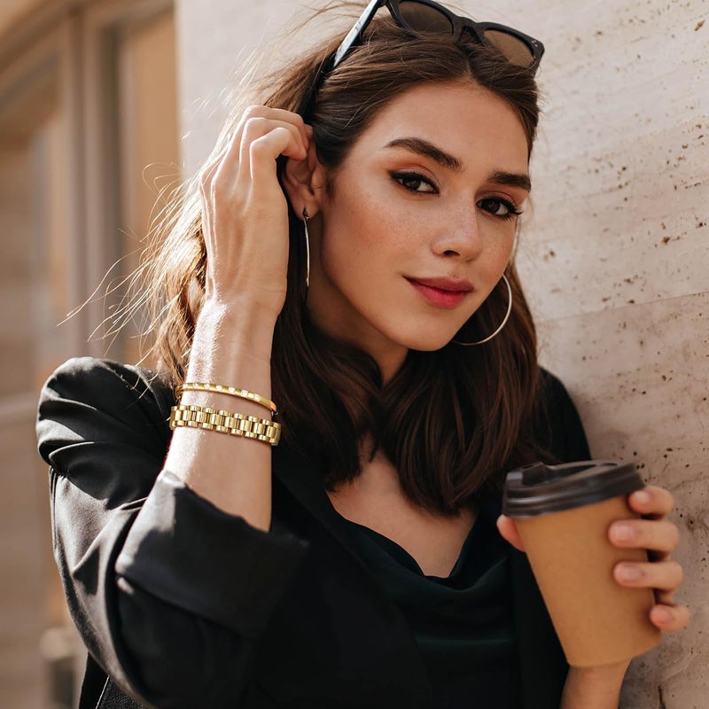 MPRAINBOW 2pcs 18K Gold Plated Chain Link Bracelet, Stainless Steel Crystal Friendship Bracelets Bangle,Watch Band Chains Wristband Jewelry with Adjust Tool - Image 3